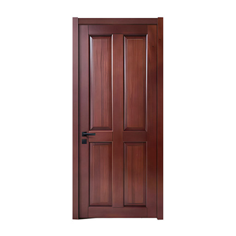 Dark Red Brown Wood Veneer Interior Door, Traditional Four-Panel Design, Matte Black Hardware, Custom Size Available