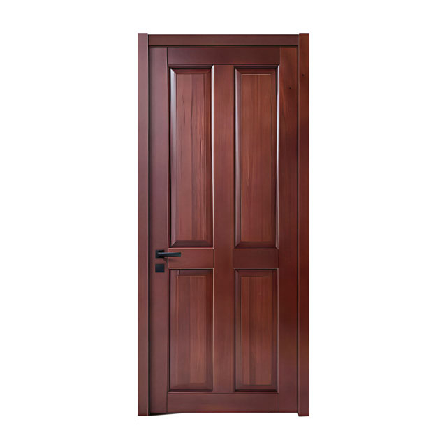 Dark Red Brown Wood Veneer Interior Door, Traditional Four-Panel Design, Matte Black Hardware, Custom Size Available