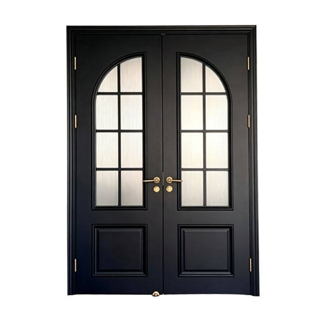 Factory Direct Black French Double Solid Wood Door, Arched Glass Interior Double Door for Villa Wholesale 