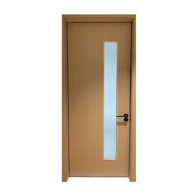 Modern Flat Walnut Melamine Interior Door With Vertical Frosted Glass, Minimalist Wooden Bedroom Door For Apartment Hotel Project