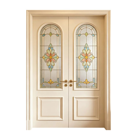 Custom French Double Wooden Door, Vintage Leaded Stained Glass Arch Top Interior Double Door for Villa Home