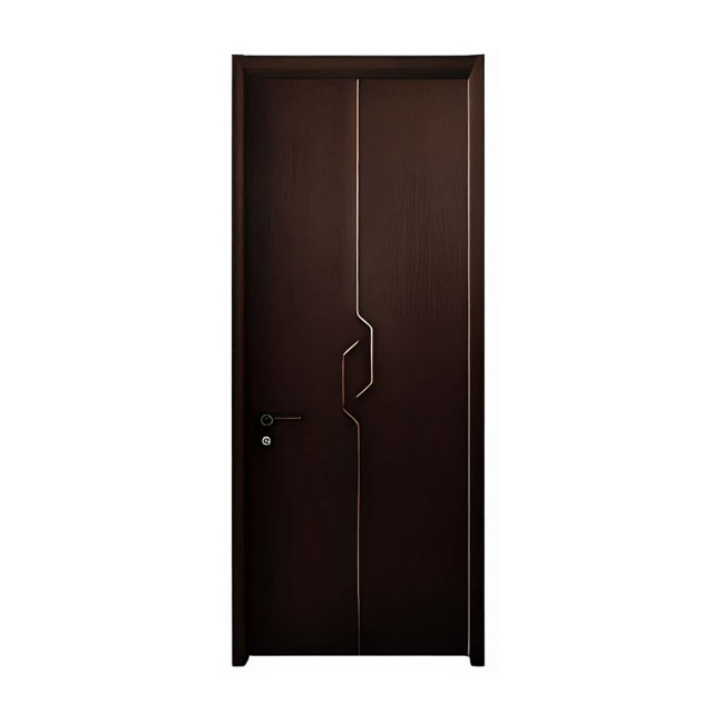 Light Luxury Dark Walnut PVC Interior Door With Rose Gold Inlaid Metal Line For Hotel Apartment
