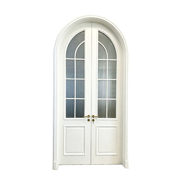 Arched French Double Interior Door White Grooved Glass Arch Wood Door For Villa Home Decoration