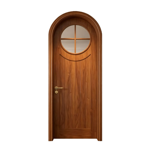 Vintage Arched Wood Door With Circular Glass Panel, Custom Size Interior Wooden Door For Hotel & Residential