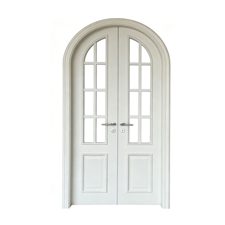 French Arched Double Interior Door with Glass, White Primer Solid Wood Composite Door For Villa Home