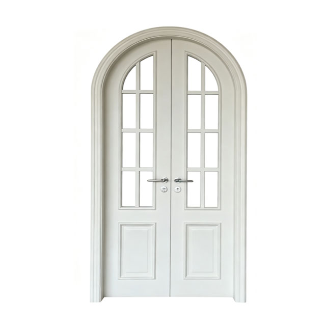 French Arched Double Interior Door with Glass, White Primer Solid Wood Composite Door For Villa Home