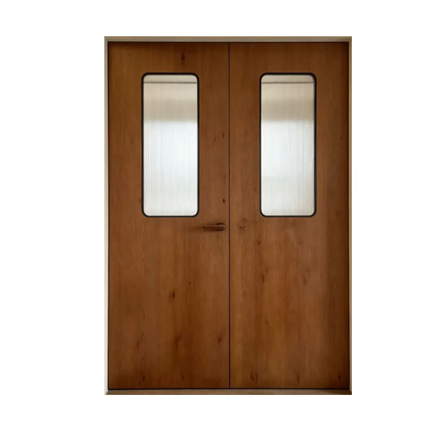 Walnut Veneer Minimalist Double Wooden Door, Vertical Reeded Glass Interior Double Door for Modern Home